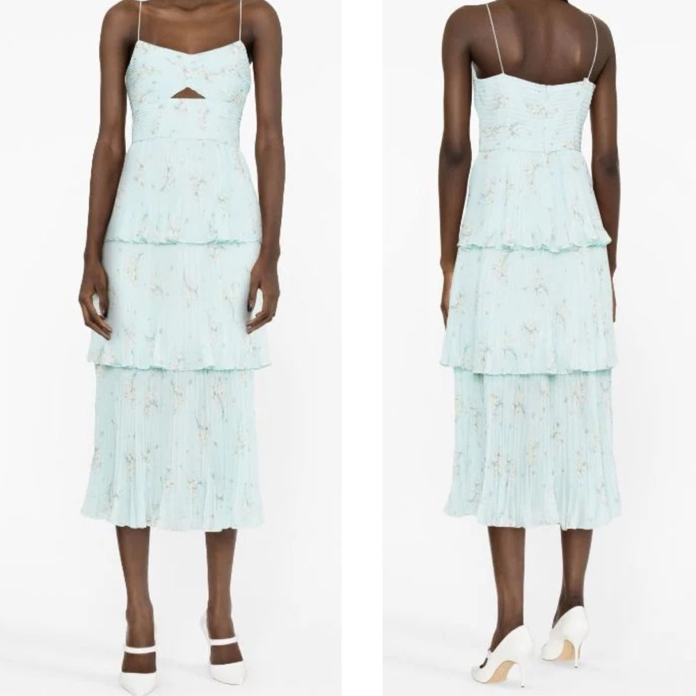 Self Portrait NWT Floral Tiered Chiffon Midi Dress‎ Blue Women’s 8 Cut Out